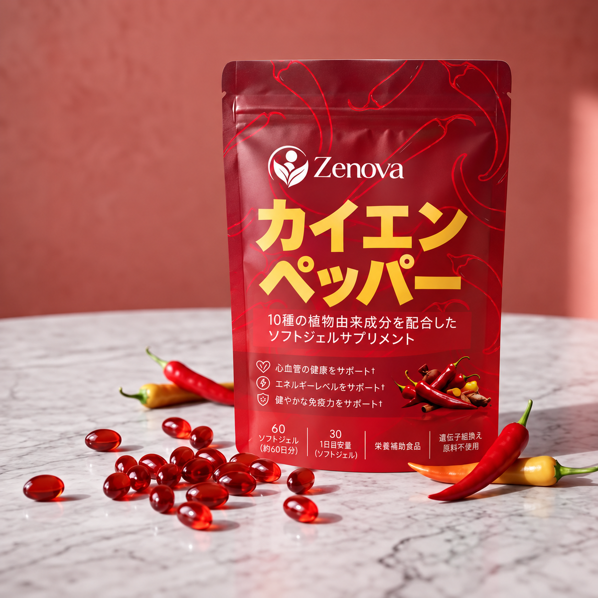 Aurivita Cayenne Pepper pouch with red softgels and peppers on a marble countertop
