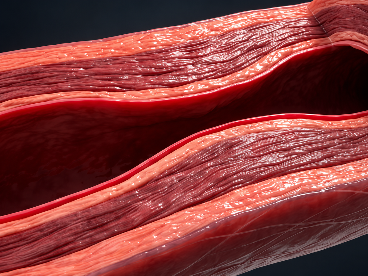 Illustration of a narrowed artery in longitudinal cross-section, showing the layered vessel walls.