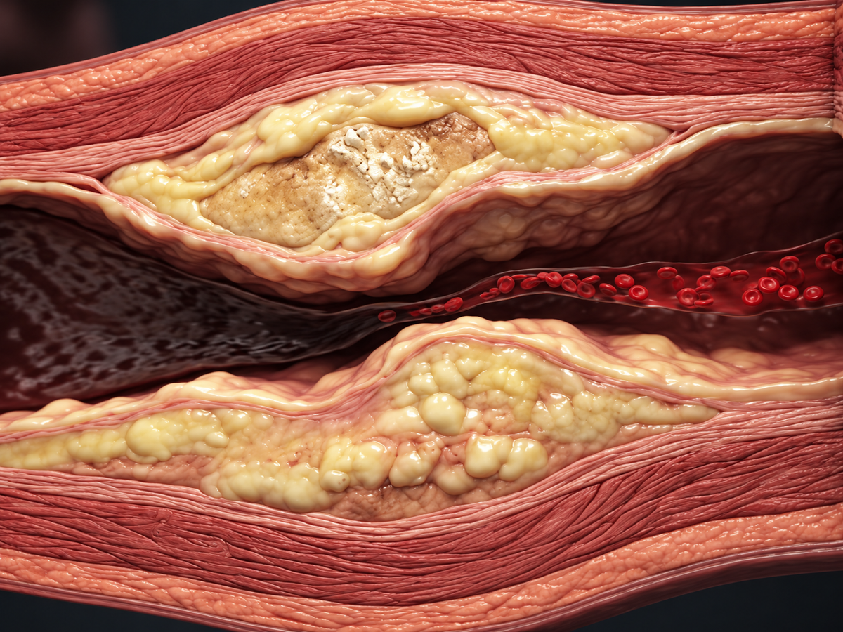 Illustration of fatty plaque deposits narrowing a blood vessel, with red blood cells passing through the central channel.