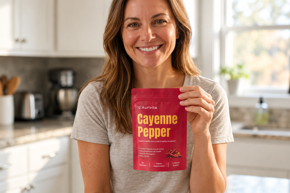 Recreated promotional photograph of a woman holding an Aurivita Cayenne Pepper pouch in a bright kitchen.