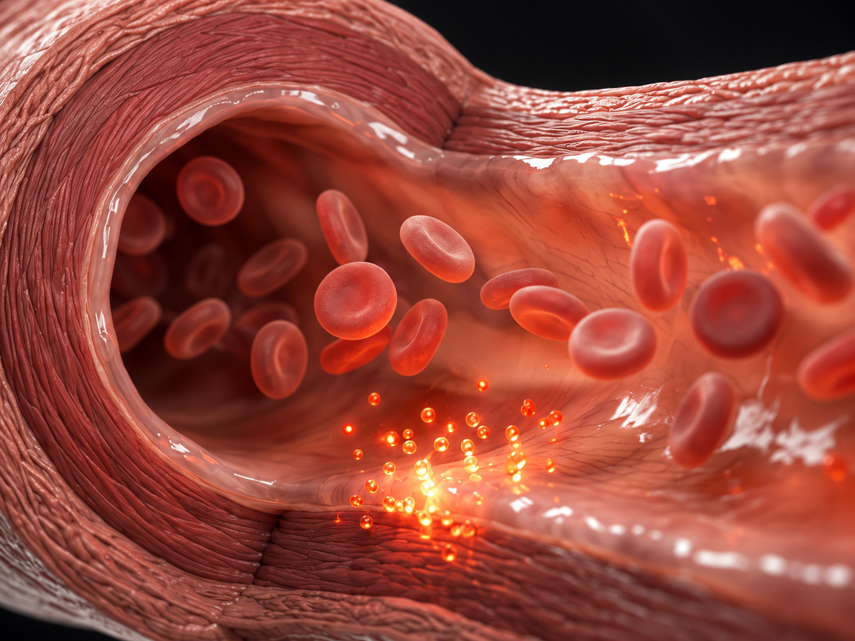 Illustration of red blood cells inside an artery, with glowing particles along the vessel wall.