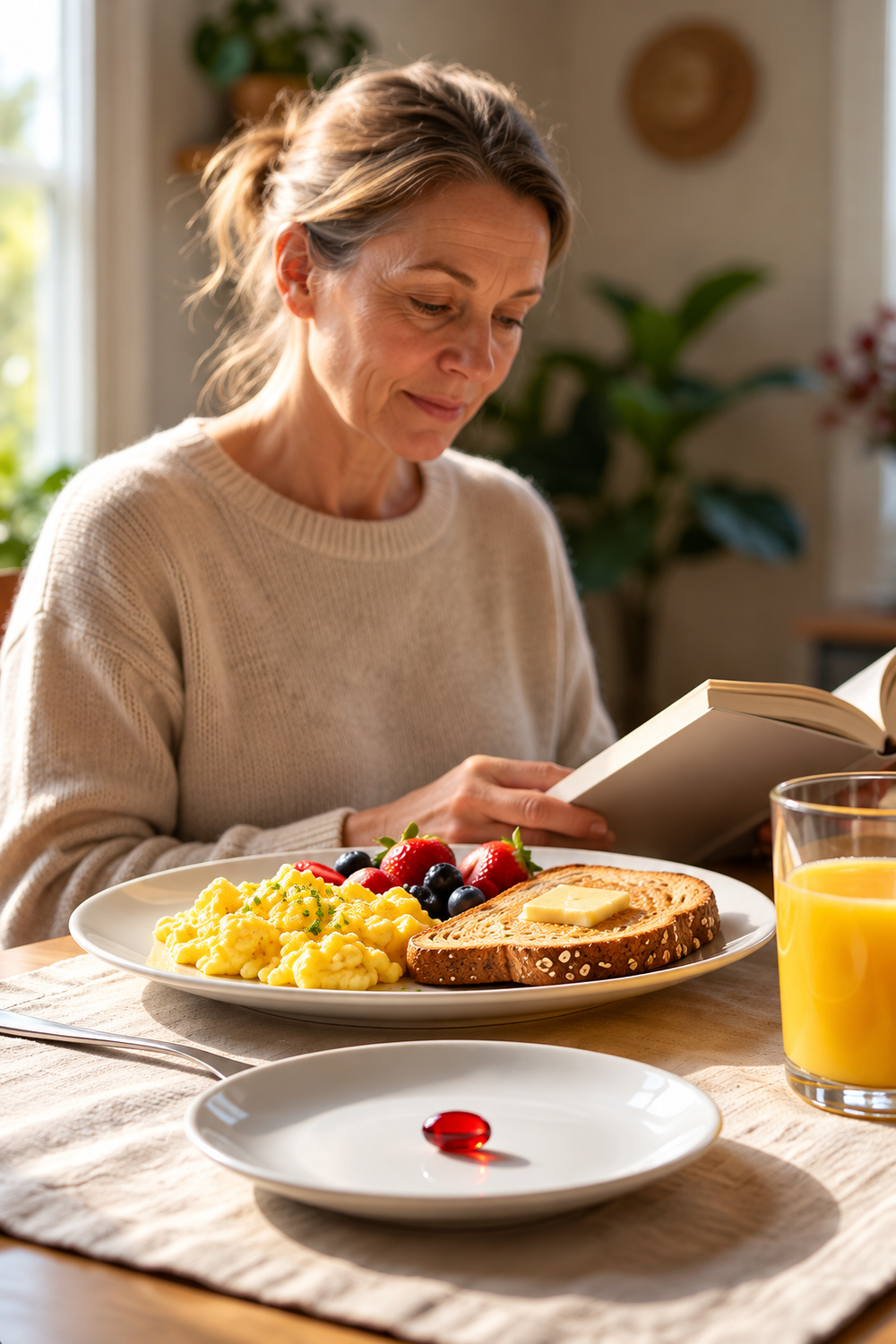 Recreated promotional photograph of a woman reading at breakfast, with food, orange juice and a red softgel on a saucer.