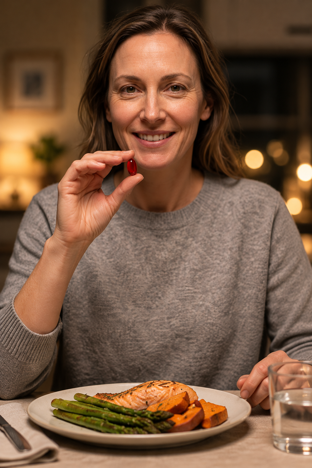 Recreated promotional photograph of a woman holding a red softgel at dinner, with salmon, vegetables and water.
