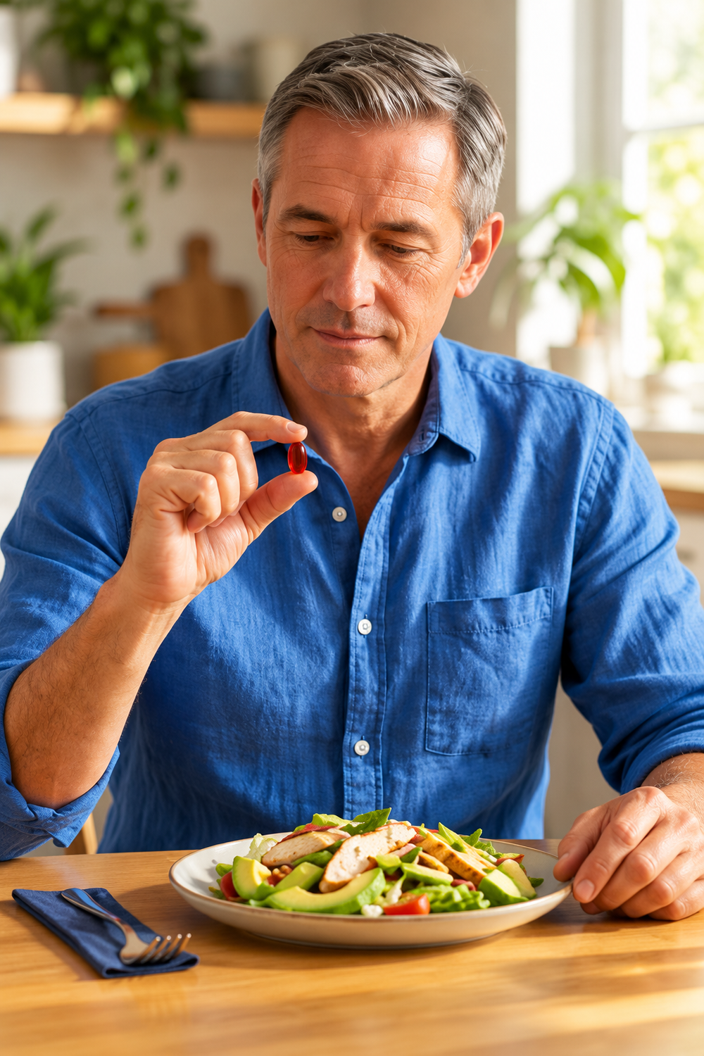 Recreated promotional photograph of a man in a blue shirt holding a red softgel beside a lunch salad.