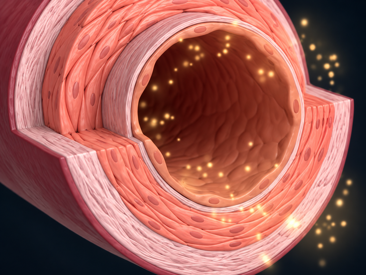 Illustration of the layered wall and inner lining of a blood vessel with small glowing golden particles.